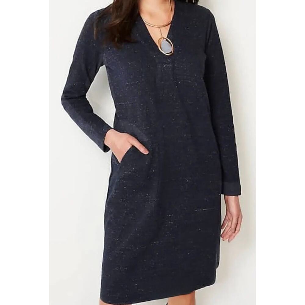 NWT J.Jill Pure Jill Dress 2X Indigo Blue Relaxed Artsy Long Sleeve Pocket Midi - Picture 1 of 10